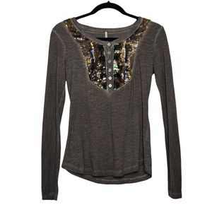 Free People Tiger Eyes Sequin Henley Bib Top XS